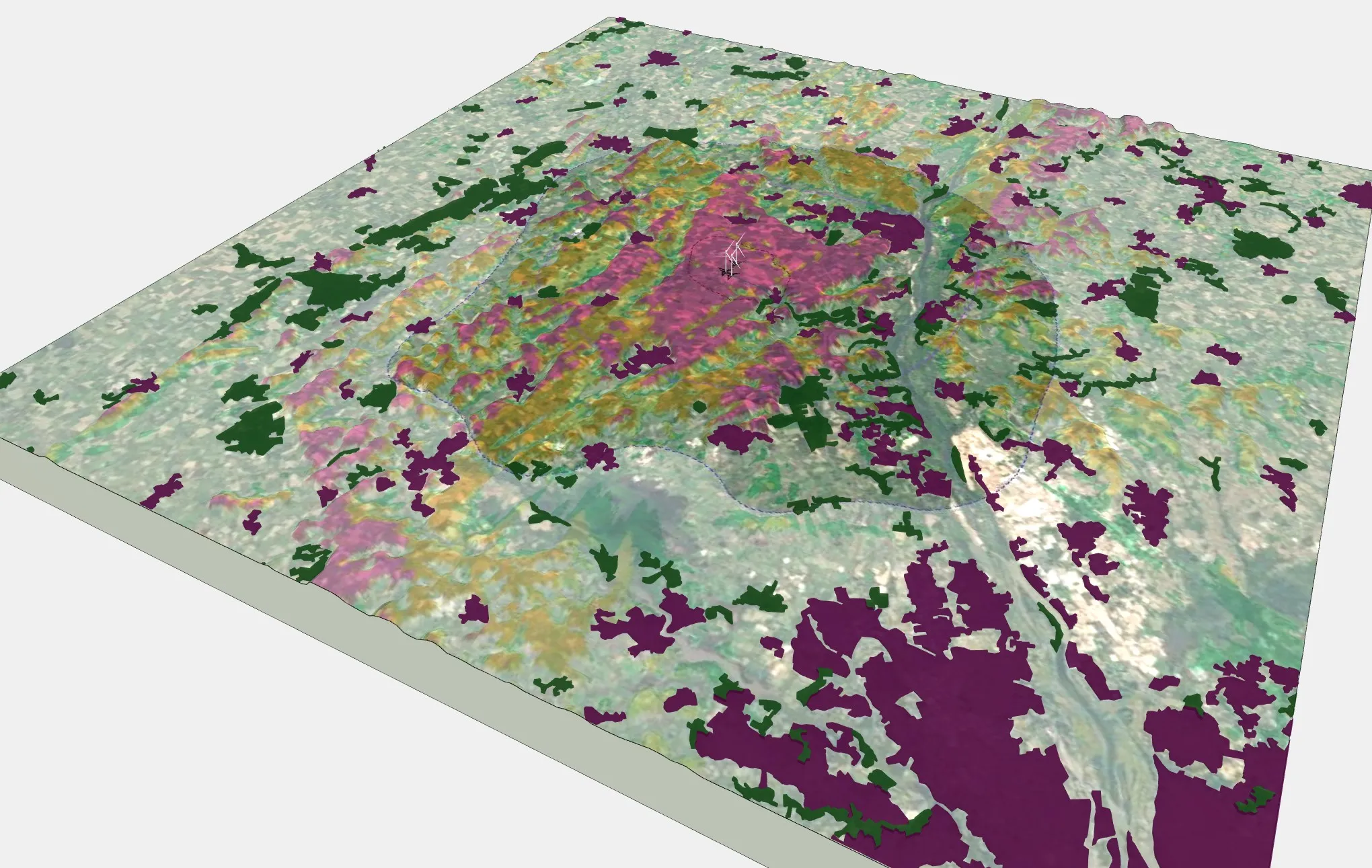 Bloc-diagramme 3D territorial avec implantation de trois éoliennes