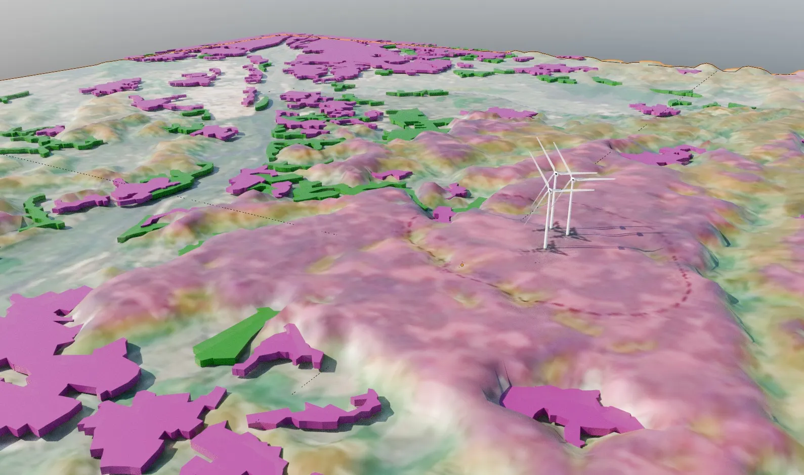 Vue rapprochée d’un bloc-diagramme 3D de projet éolien